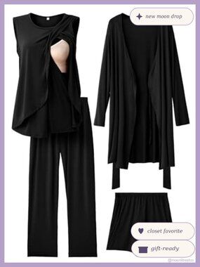 4Pc Nursing Pajamas Set Maternity Postpartum Robe Tank Pants Shorts